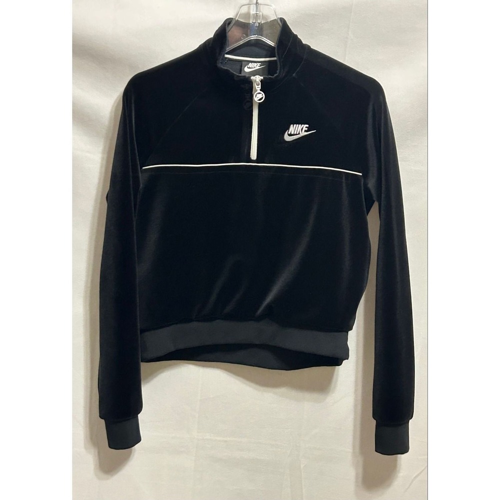 Nike Black Velour Quarter Zip Cropped Pullover Sweatshirt Womens Small Retro Y2K